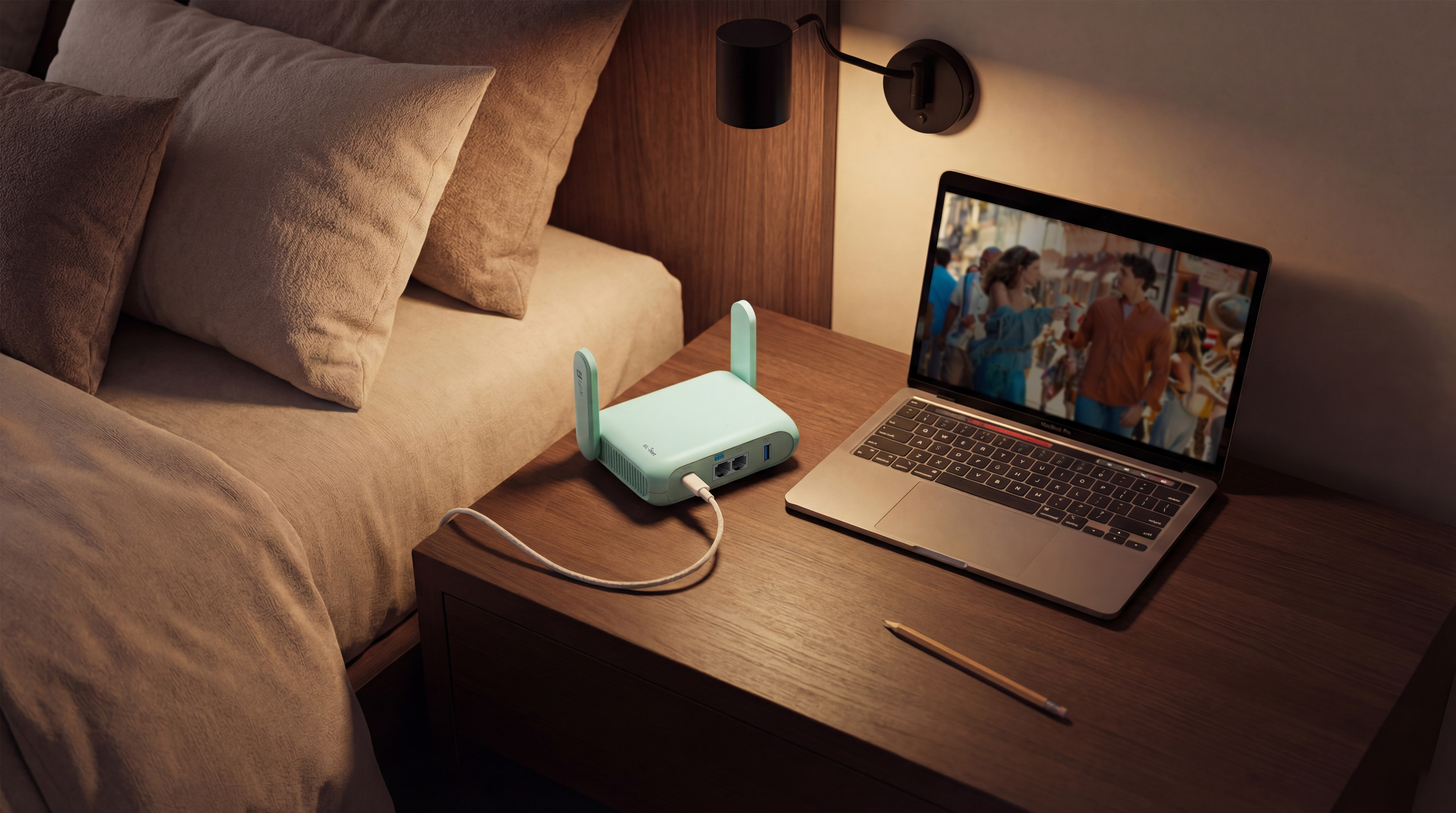 Beryl 7 (GL-MT3600BE) on a nightstand in a hotel room