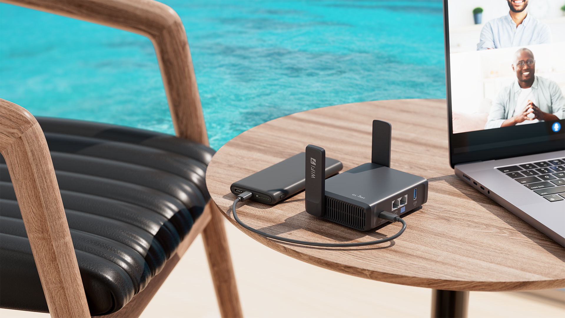 Slate 7 (GL-BE3600) on a stool table next to a swimming pool